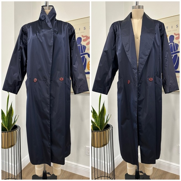 Vintage 80’s Navy Blue Nylon Trench Coat - Picture 3 of 16
